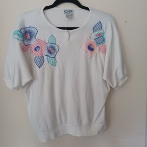 Koret Francisca Vtg White Floral Applique Henley Sweatshirt Top Women M Grandma